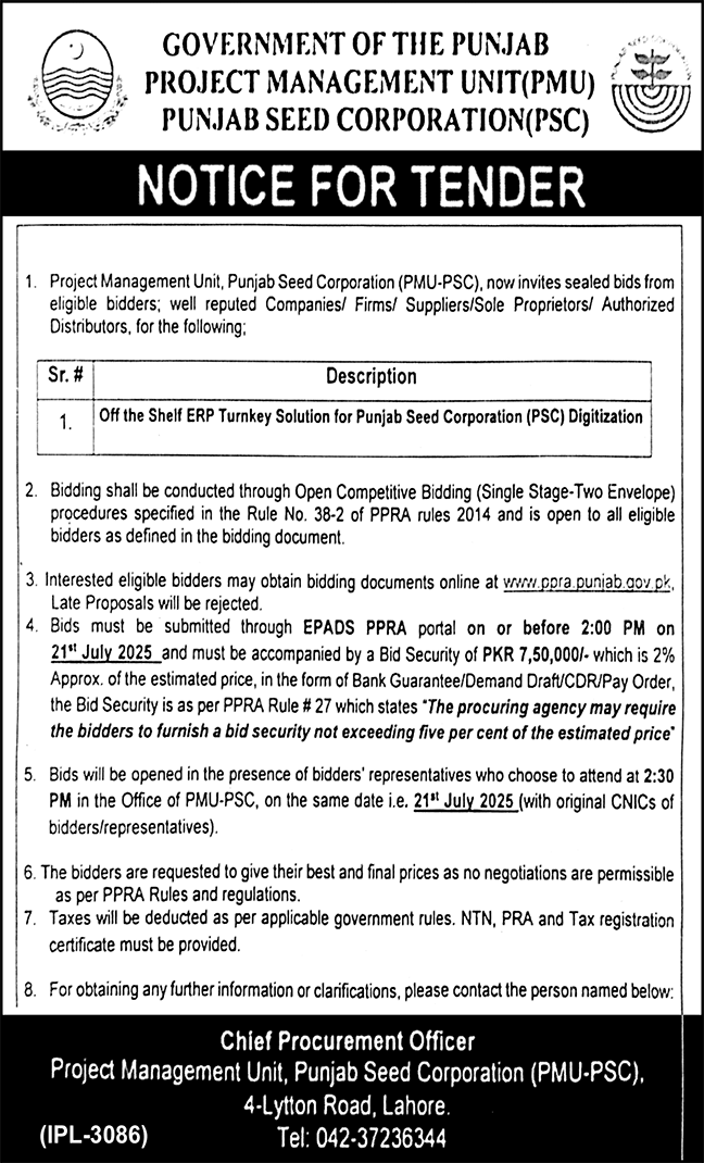 Punjab Seed Corporation Lahore Tender Notice